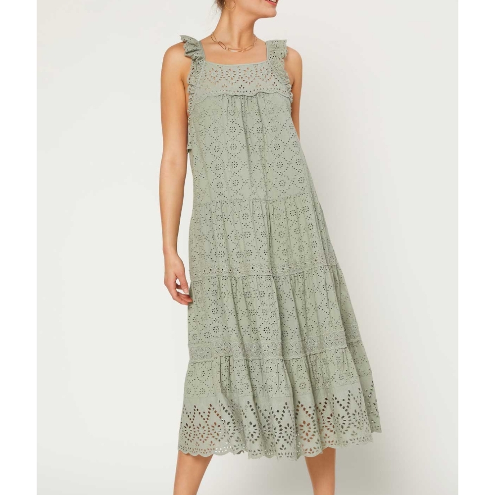 CURRENT AIR  Anthro Sage Green Eyelet Midi Dress - Picture 4 of 7